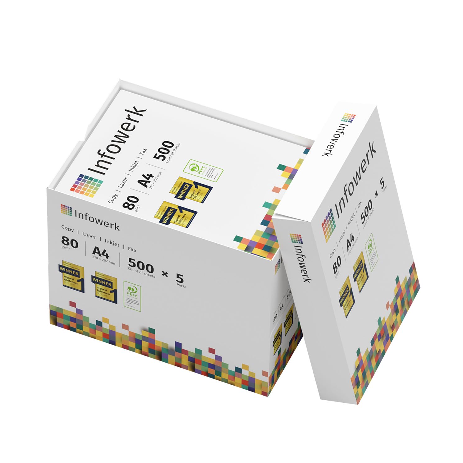 Infowerk Druckerpapier Kopierpapier 2500 Blatt 5 x 500 A4 80g Premium Hochweiß CIE 160 Testsieger PEFC Umweltzertifikat