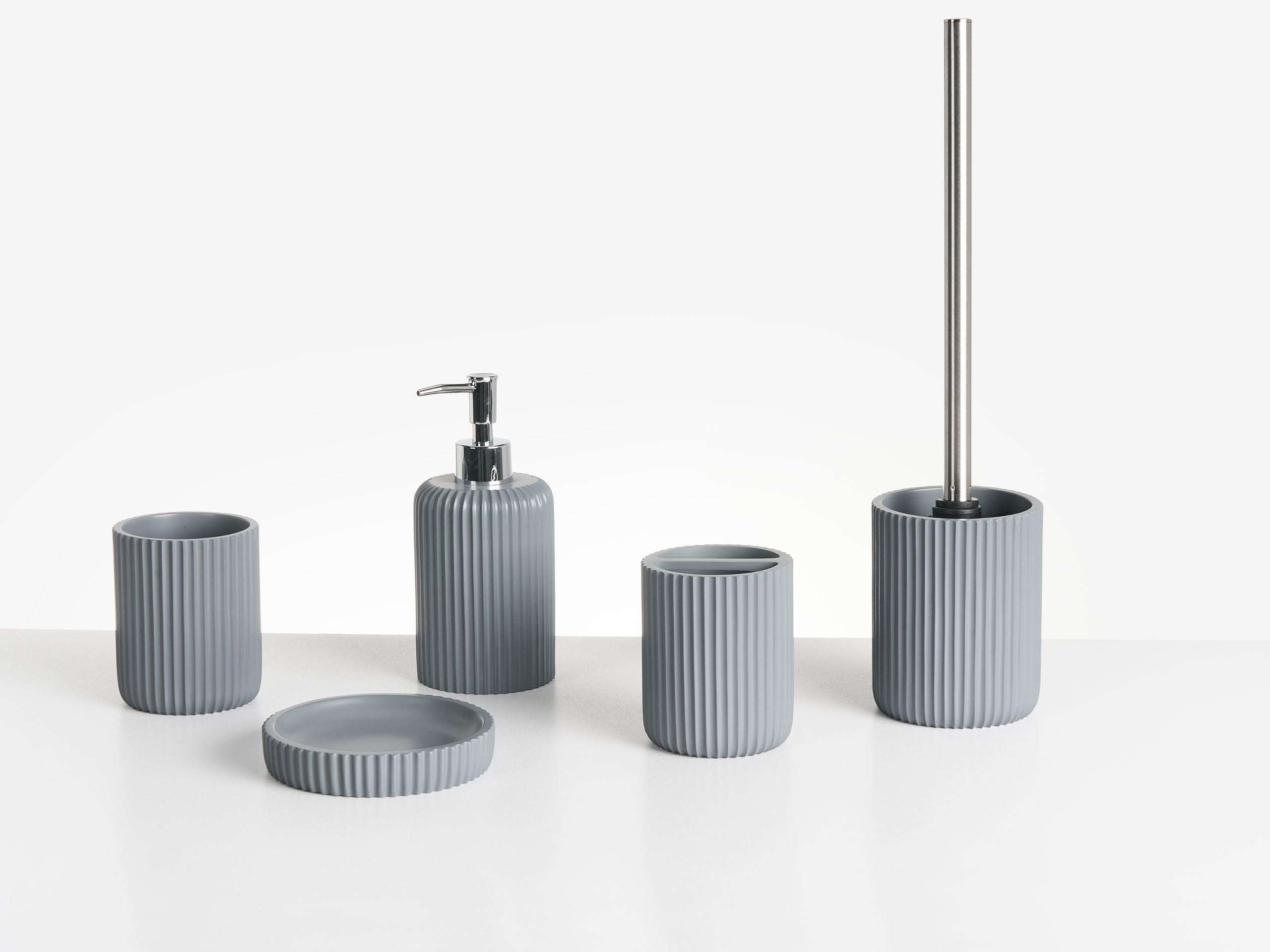 Conjunto de 5 Accesorios de baño jabonera dispensador de jabón escobilla de Inodoro Vaso Soporte para cepillos de Dientes Gris Camana