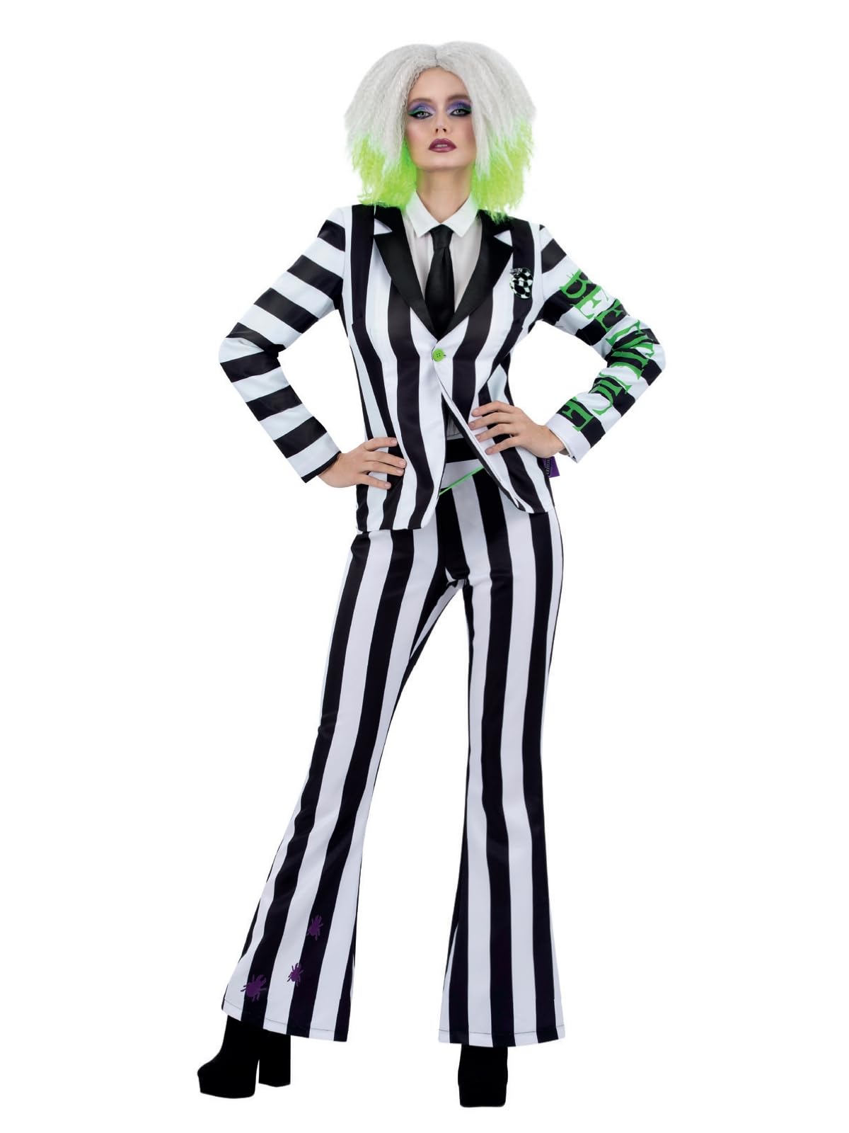 Smiffys Beetlejuice Women's Adult Costume with Jacket Trousers and Tie Black and White Stripes with Writing Down Sleeve Officially Licensed Warner Brothers Halloween Costume, Medium