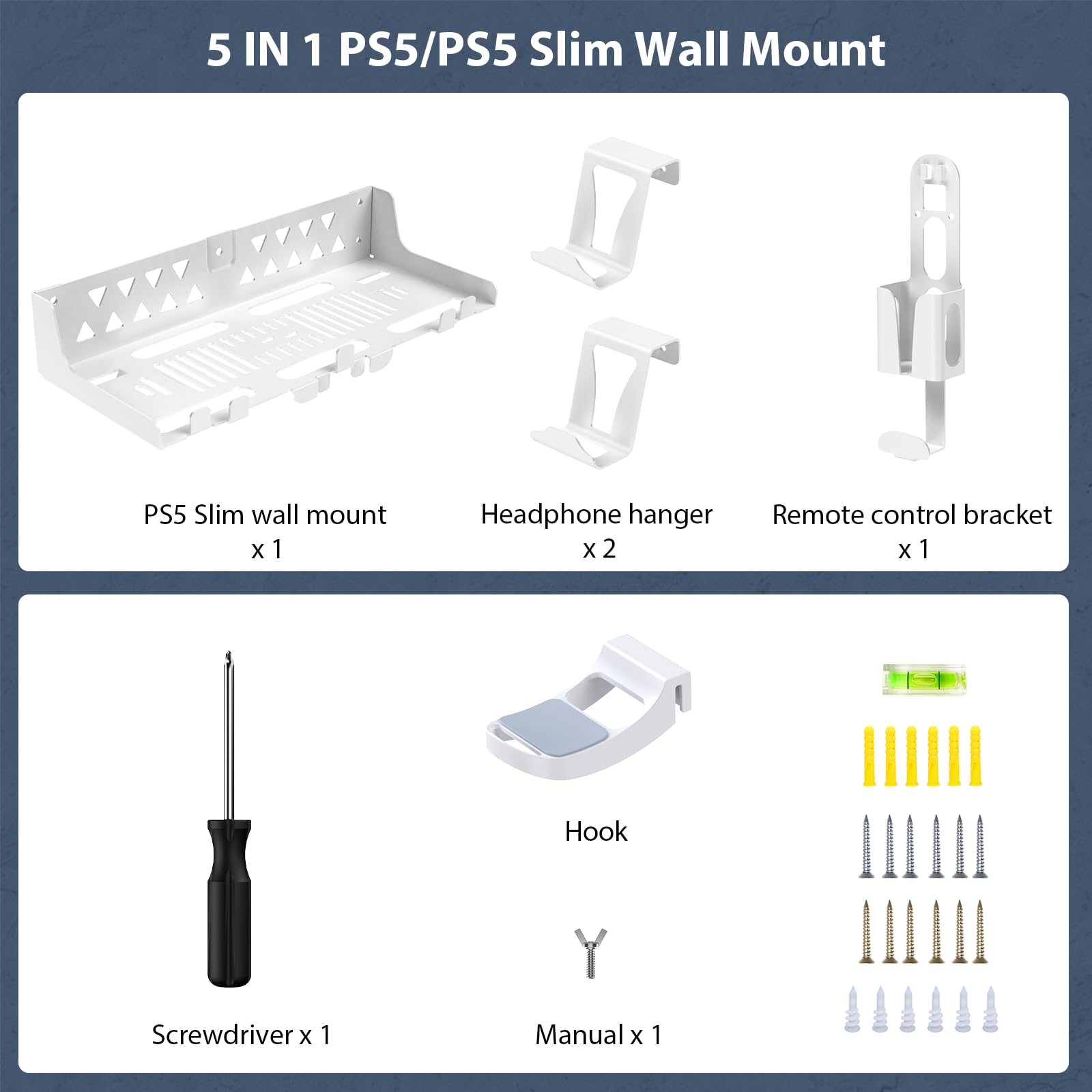 Support Mural PS5/PS5 Slim, 5 en 1 Support Mural Compatible avec PS5/PS5 Slim (Disque et numérique) Acier Support Mural Playstation 5 avec Support de contrôleur détachable Support pour Casque