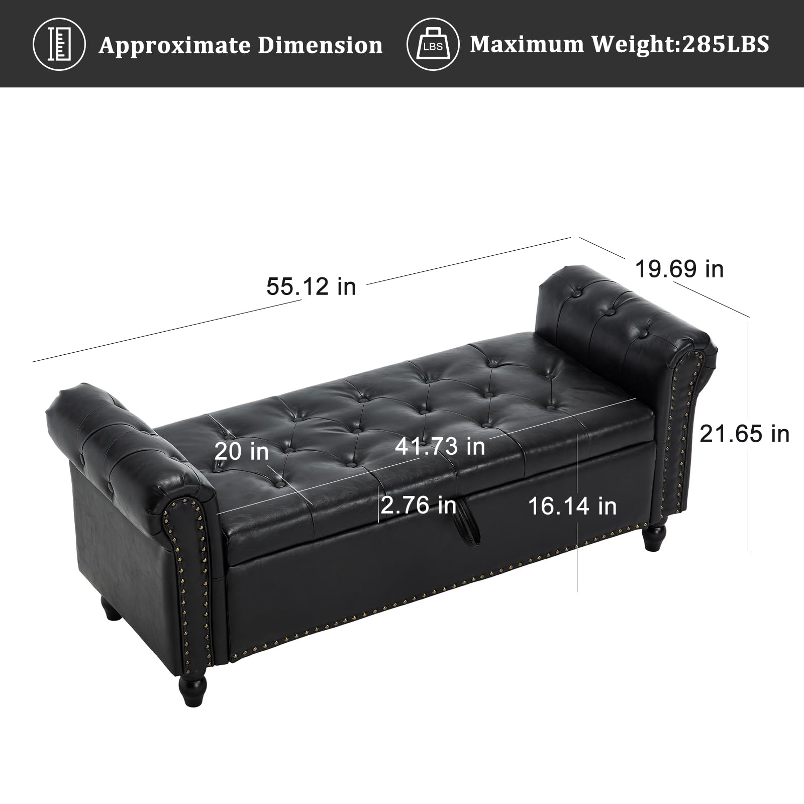 Furniliving Storage Ottoman Bench, Leather Benches End of Bed Bench with Solid Wood Legs Upholstered Ottoman Bench with Storage Indoor Bench for Living Room with Rolled Arm, Entryway, YellowBrown: 19.69"D x 55.12"W x 21.65"H Black-pu