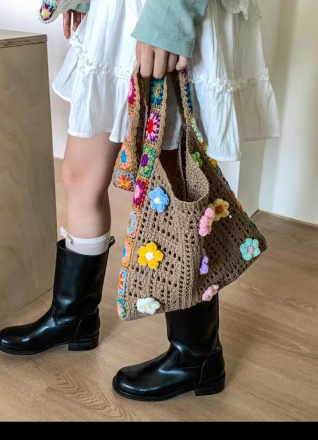 Crochet Tote Bag, Boho Knit Shoulder Purse for Summer Outfits
