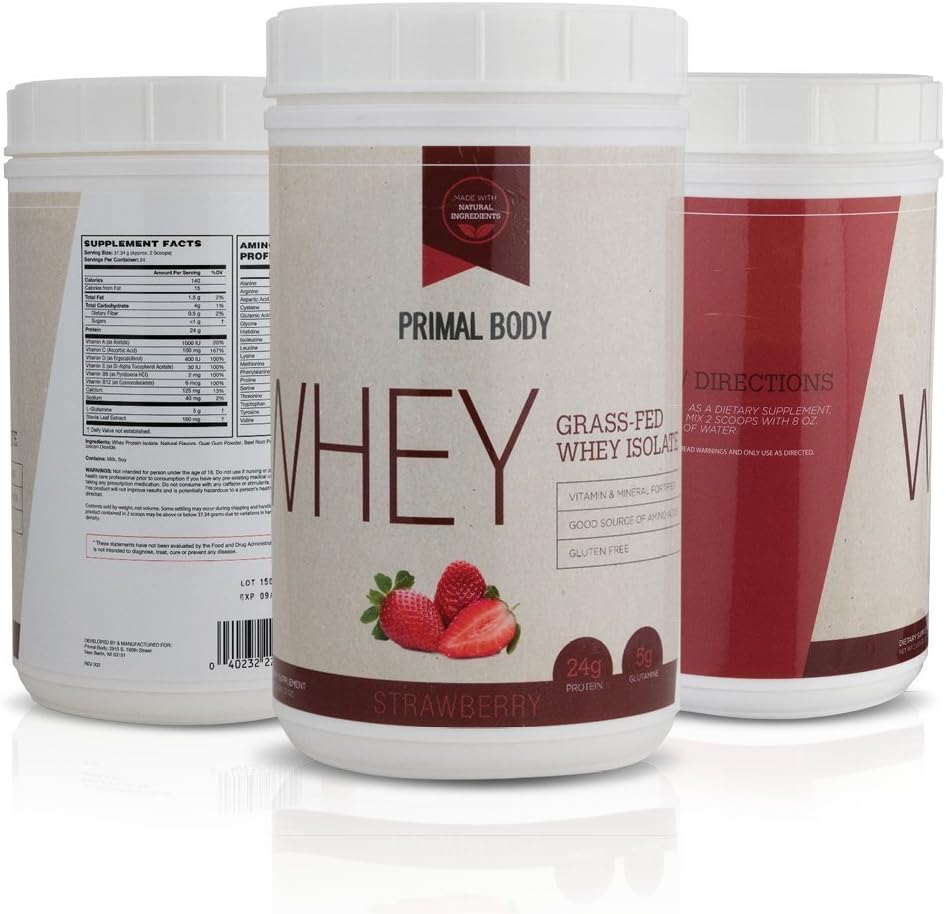 All Natural Undenatured Grass-Fed Whey Isolate Protein Powder with Added Vitamins and Minerals - 24g of Strawberry Protein Per Serving by Primal Body