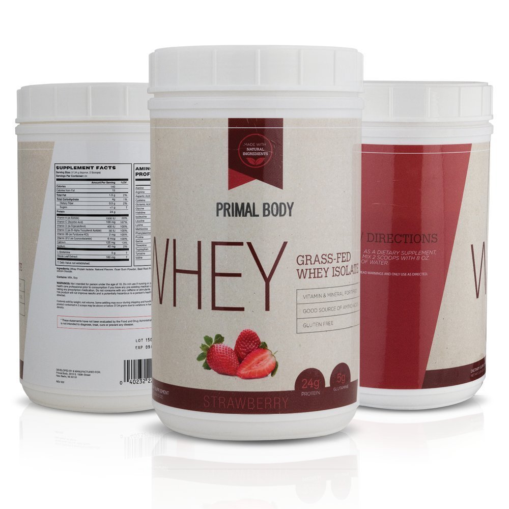 All Natural Undenatured Grass-Fed Whey Isolate Protein Powder with Added Vitamins and Minerals - 24g of Strawberry Protein Per Serving by Primal Body