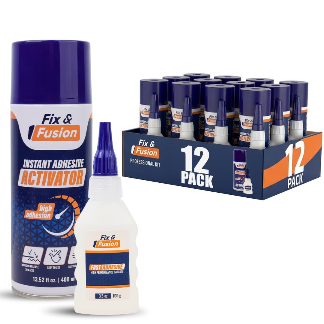 FIX & FUSION Set Colle Super Glue (100 g) et Activateur Spray (400 ml) | Adhésif Cyanoacrylate Rapide & Activateur Instantané pour Bois, Plastique, Caoutchouc, Métal & Bricolage, Réparations (12 Pack)