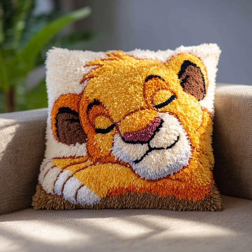 Henypt Latch Hook Kit 17x17 Inch,Sleeping Lion cub DIY Cushion Cover Kit for Adults Beginners with Printed Canvas & Complete Tools,43x43cm