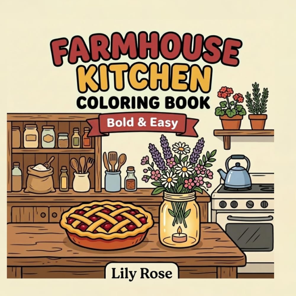 Farmhouse Kitchen: Cozy Coloring Book for Adults: 40 Bold and Easy Cottagecore Designs Featuring Pantry Jars, Herbs, Baked Goods, Vintage Kitchen Scenes and Farmhouse Still-Lifes for Relaxation