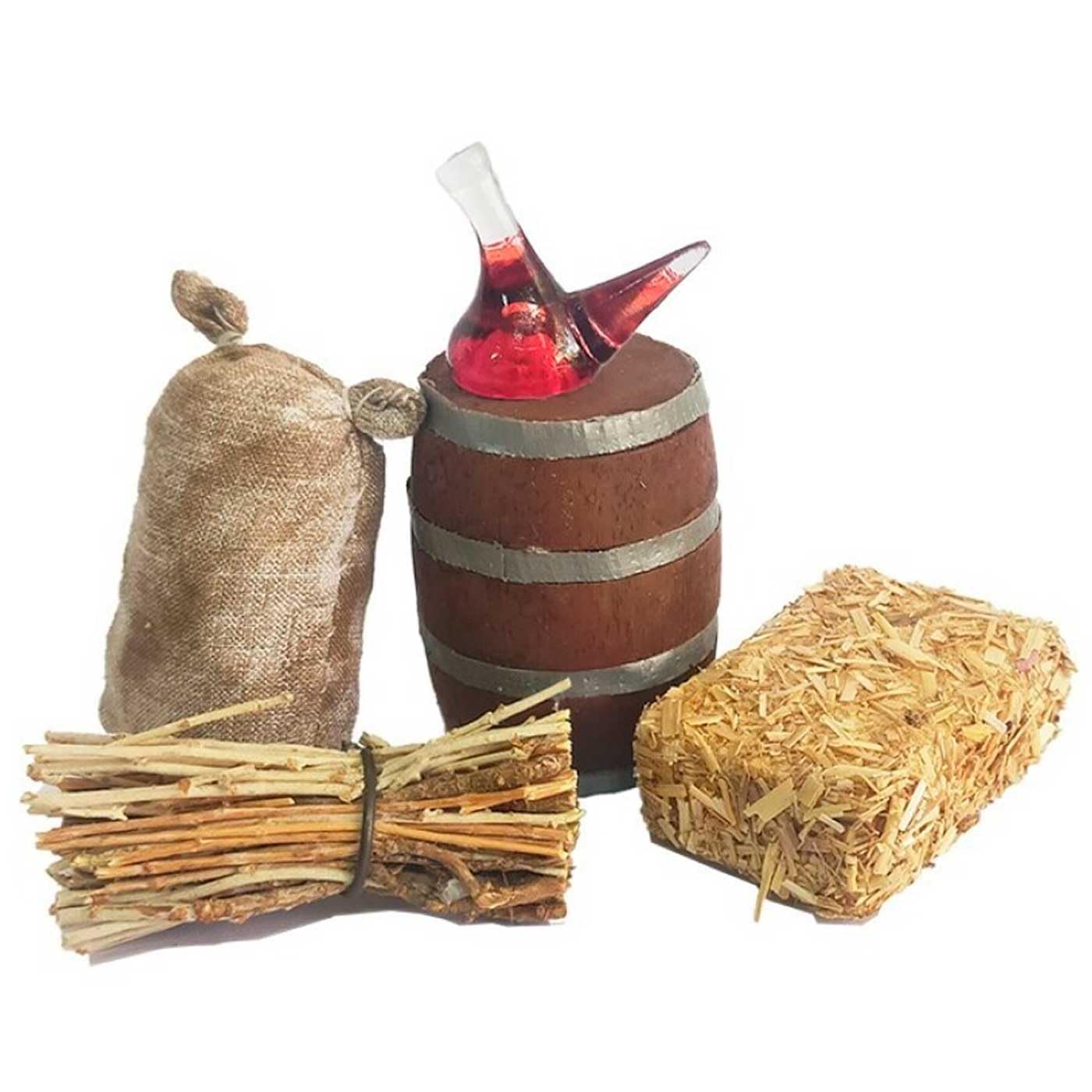 Acan Tradineur - Pack de Utensilios para Belén de Resina, Incluye Barril, Saco, paca de Paja, Madera y porrón de Vino, Nacimiento, Pesebre, Navidad, decoración, Fabricado en España, 5 cm