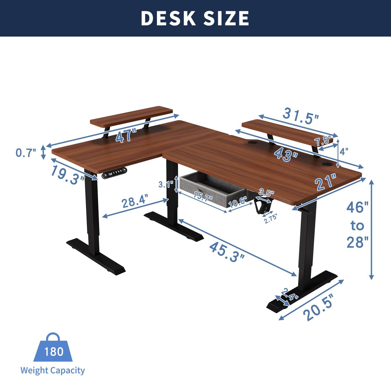 L Shape Standing Desk with Drawer, 63x47 Inches Height Adjustable Sit Stand Up Desk with Storage Shelf, Home Office Desk Computer Workstation with Walnut Top/Black Frame