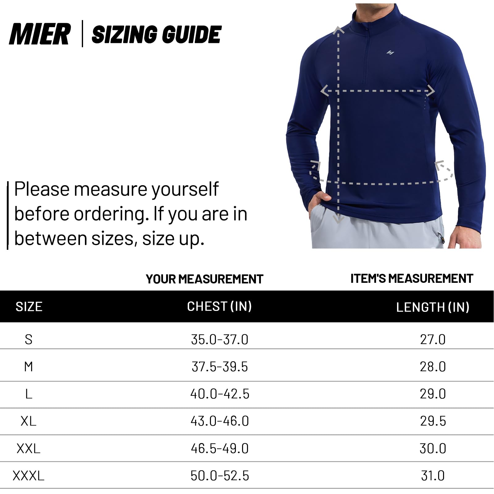 MIER Camiseta de manga larga para hombre Dry Fit Gym Shirts 1/4 cremallera tops para correr UPF 50 + entrenamiento transpirable Deportes atléticos