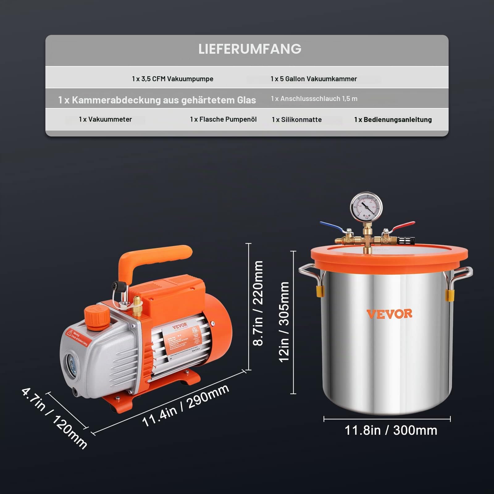 VEVOR Vakuumpumpe mit 19L Vakuumkammer 100L/min Unterdruckpumpe 150W AC 220V/50HZ 1440U/min 5pa 250ml-Ölkapazität HVAC-Vakuumgeräte Kühlvakuumpumpe für Holzstabilisierung Harzentgasung