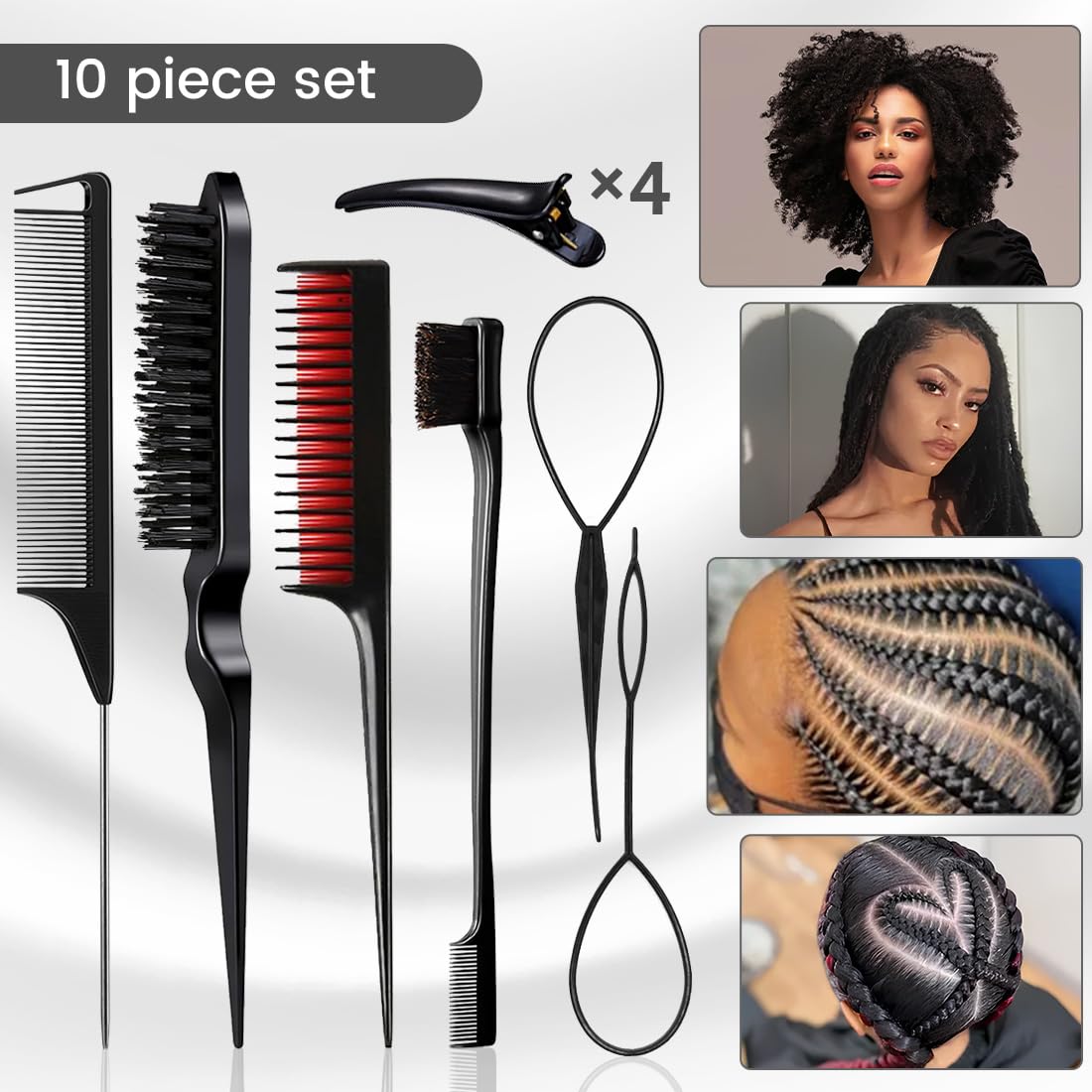 10 PCS Hair Tail Tools Set with 2 Pcs French Braid Tool Loop Hair Loop Tool 4 Pcs Edge Brushes Hair Styling Comb 4 Duckbill Clips for Women Girls
