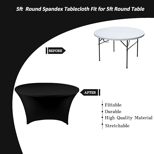 Miniatura 4 de SSYAQRA Paquete de 4 manteles de elastano color negro de 60 unidades, 5 pies y 60 pulgadas, color negro, redondo, elástico, para fiestas, bodas,