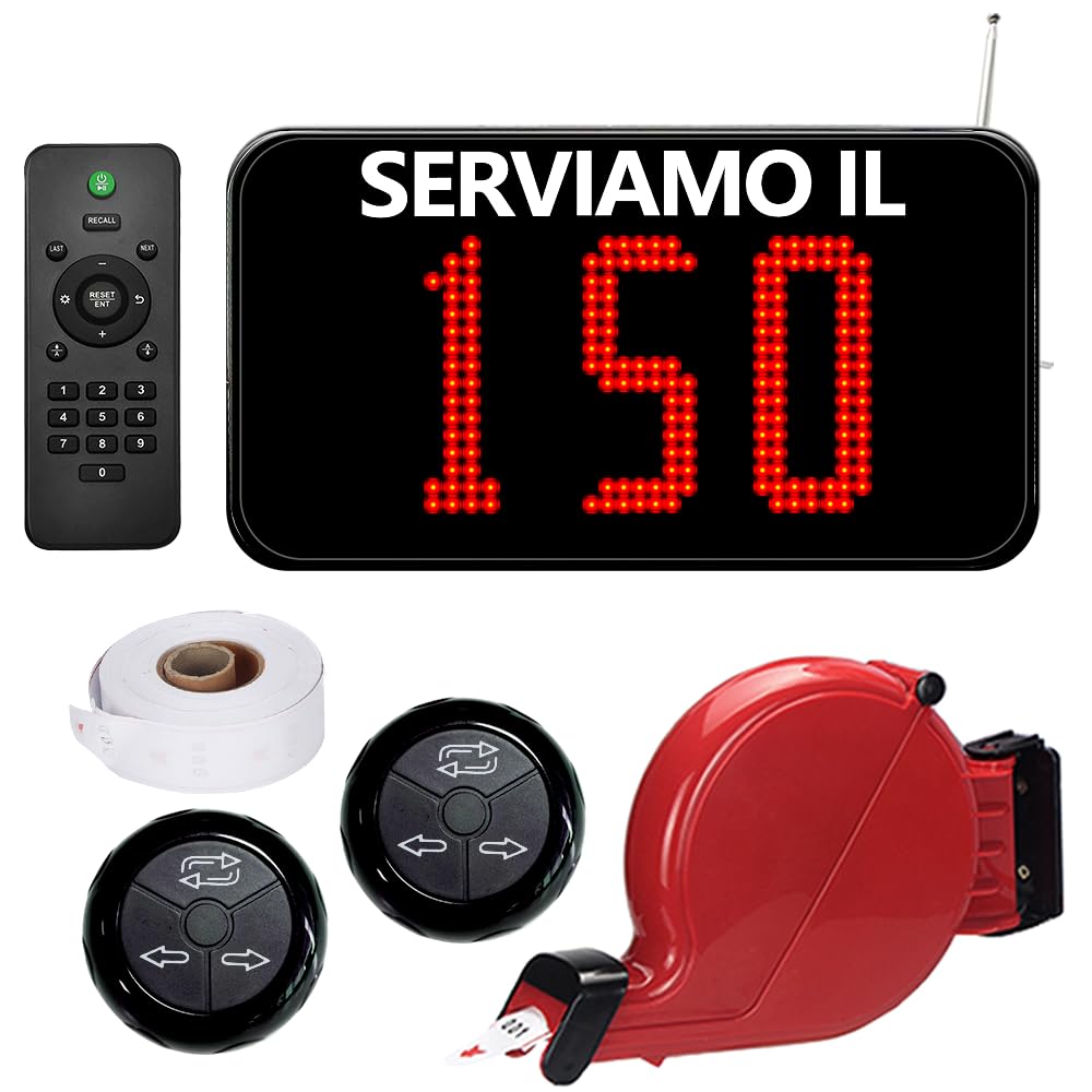 Eliminacode Digitale (Chiamata in Italiano) | Eliminacode Display (3 Cifre)+ Chiocciola Eliminacode+ Rotolo Numeri Coda +2 Pulsante di chiamata (3 Tasti)+Telecomando