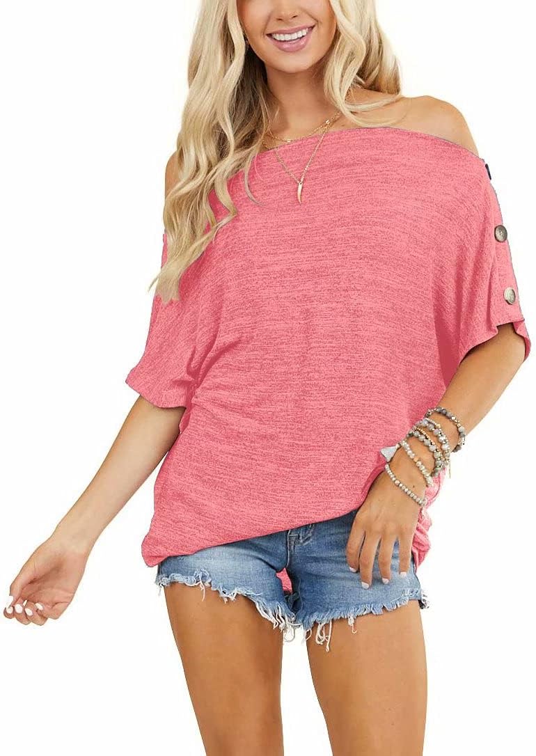 REVETRO Womens Short Sleeve Shirts Off The Shoulder Tops Sexy Button Down Shirt Loose Tunic Top Blouses Summer Tops… - Image 5