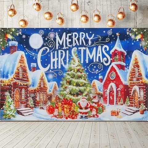 SquarePie Christmas Backdrop Merry Christmas Banner Signs Xmas Tree Snowflakes Gifts Background Photo Prop for New Year Family Party Decoration Supplies,70.8x45.3 Inch Cover