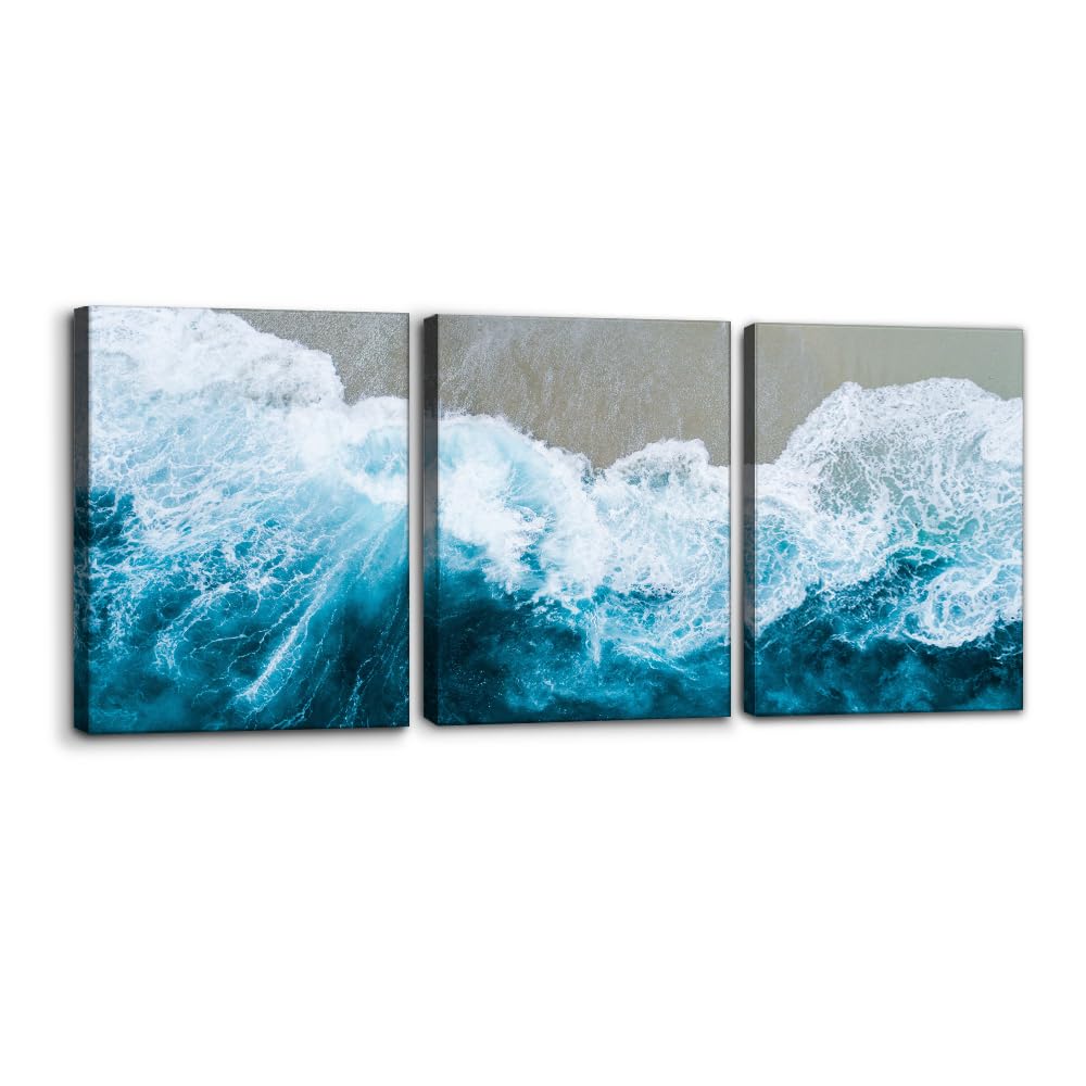 3 Panels Ocean Beach Painting Home Decor for Printed Canvas Decorative Wall Art Pictures for Living Room Bedroom Office Sea Waves Scenery Wall Art Gallery Wrapped Posters and Prints - 12" x 16" x 3