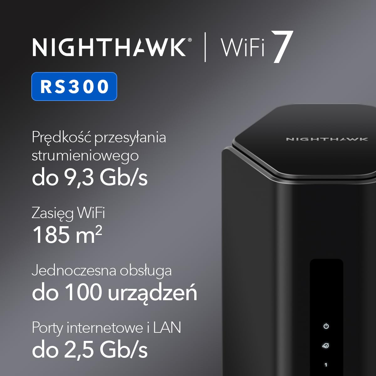 NETGEAR Nighthawk Trójpasmowy router WiFi 7 (RS300) - funkcje zabezpieczeń, prędkość bezprzewodowa BE9300 (do 9,3 Gb/s) - do 185 m2, 100 urządzeń - Port internetowy 2.5 Gb/s.