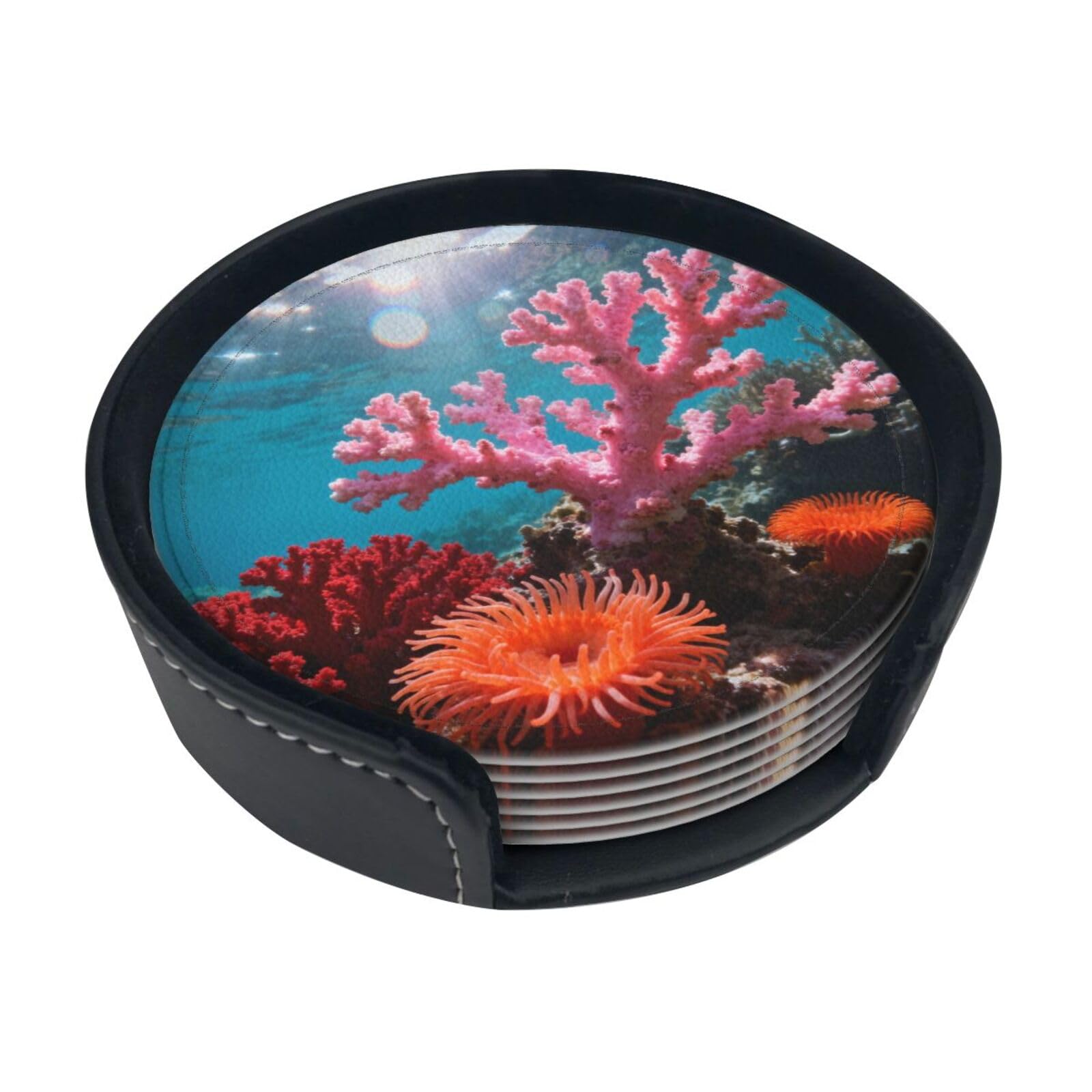 Cntdbu White Coral Reef Pink Leather Coasters Set Of 6-Pu Leather Drink Mats For Table, Heat Resistant Round Coasters With Holder