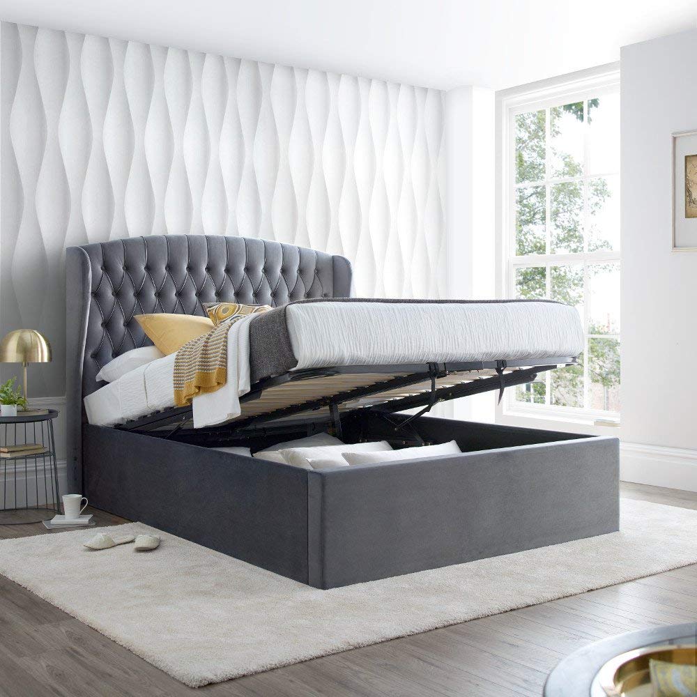 Buy Grey Velvet Storage Bed, Happy Beds Warwick Upholstered Ottoman Bed