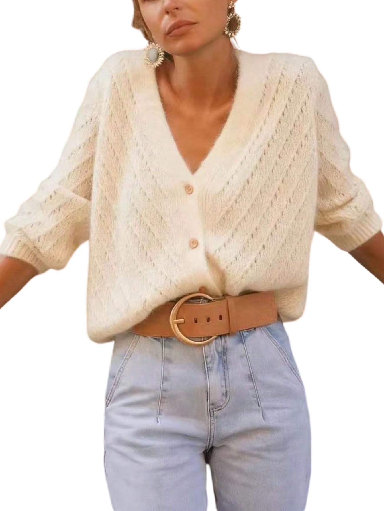 GORGLITTER Chaqueta de punto de manga larga para mujer, elegante, cuello en V, cárdigan para el tiempo libre, chaqueta suelta, ropa de otoño