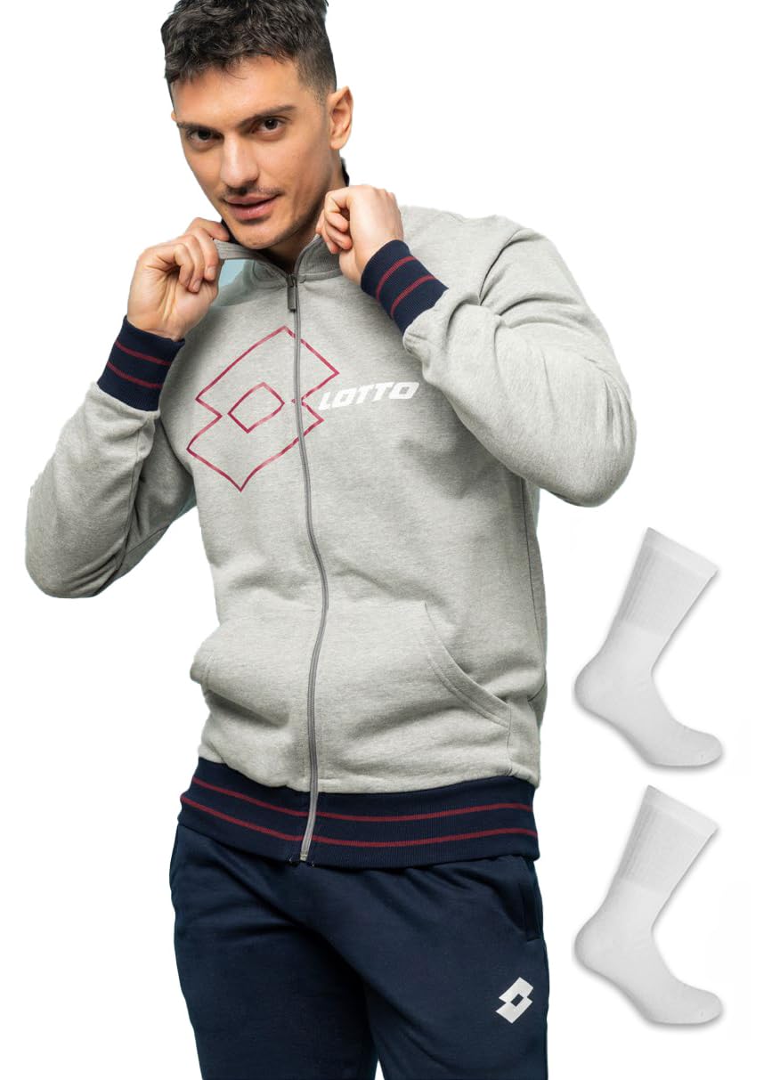 Lotto Tuta FELPATA Uomo + Calze Tennis Omaggio - Tuta Sportiva Autunno Inverno con ZIP Intera Cotone Felpato (IT, Testo, XXL, Regular, Regular, GRIGIO 2015)