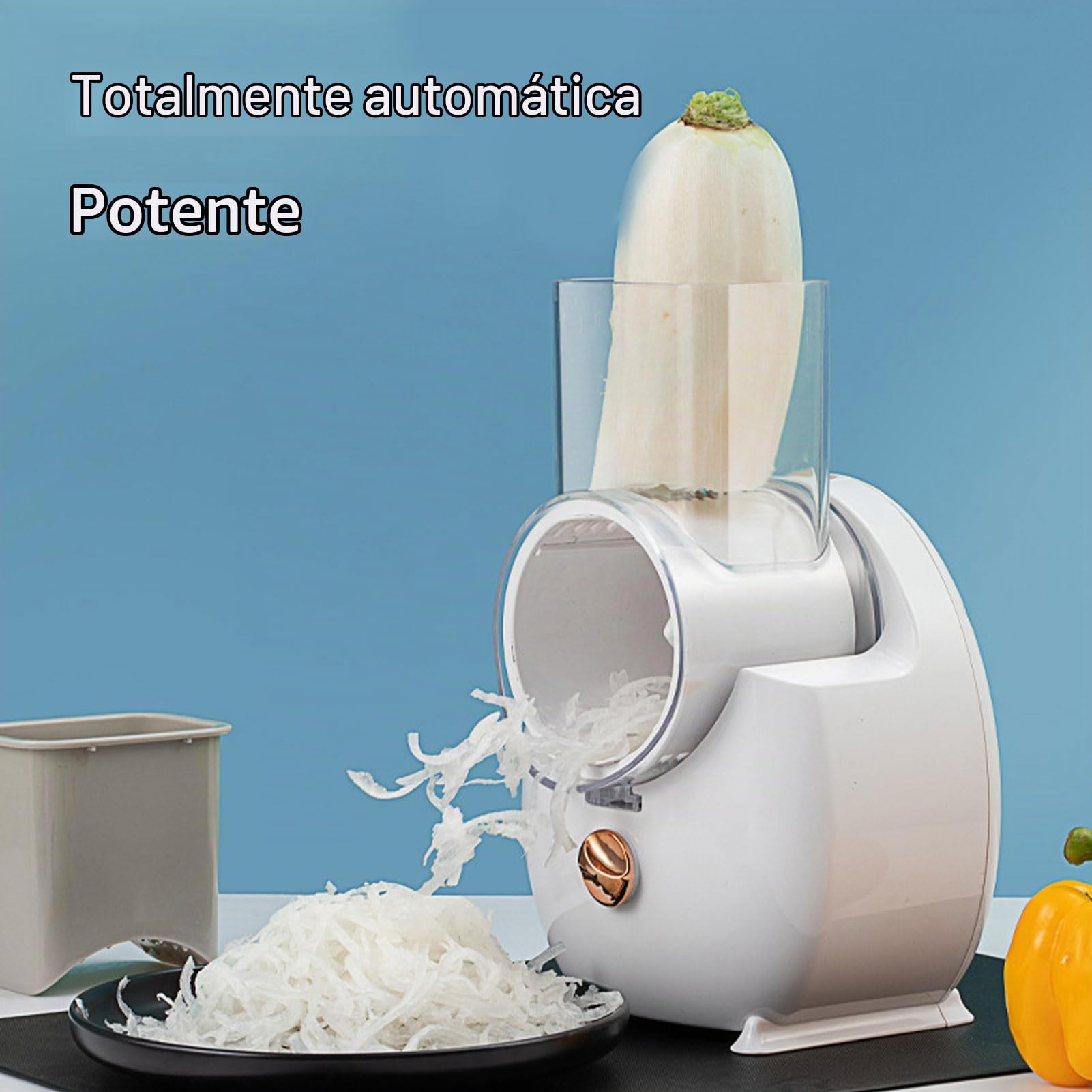 Rallador Eléctrico Eficiente y sin Esfuerzo, Acero Inoxidable, Operación con unToque, Diseño Versátil para Frutas, Verduras, Quesos con Batería, Ideal para Cocina Casera,