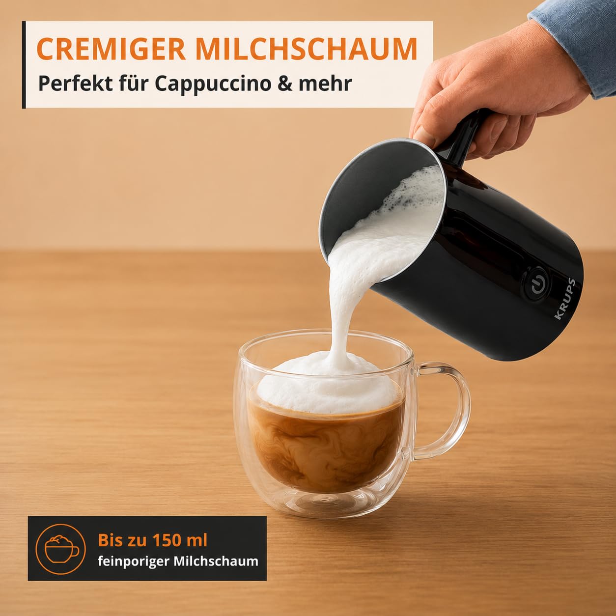 KRUPS Kaffeevollautomat Coffee Crush SA4028E0 mit elektrischem Milchaufschäumer XL1008 – Edelstahlmahlwerk, 15 cm schmal, Frisch- & Pulverkaffee, 150 ml Milchschaum, Schwarz