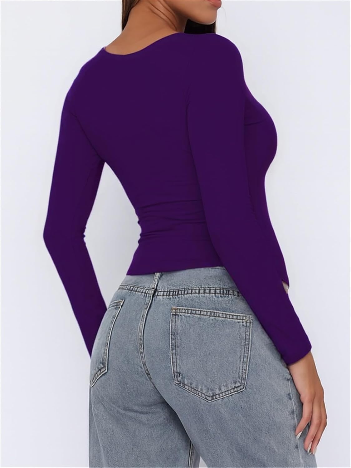 ForeFair Women Square Neck Long Sleeve Going Out Tops Tight Double Lined Basic Tees Shirt - Image 3