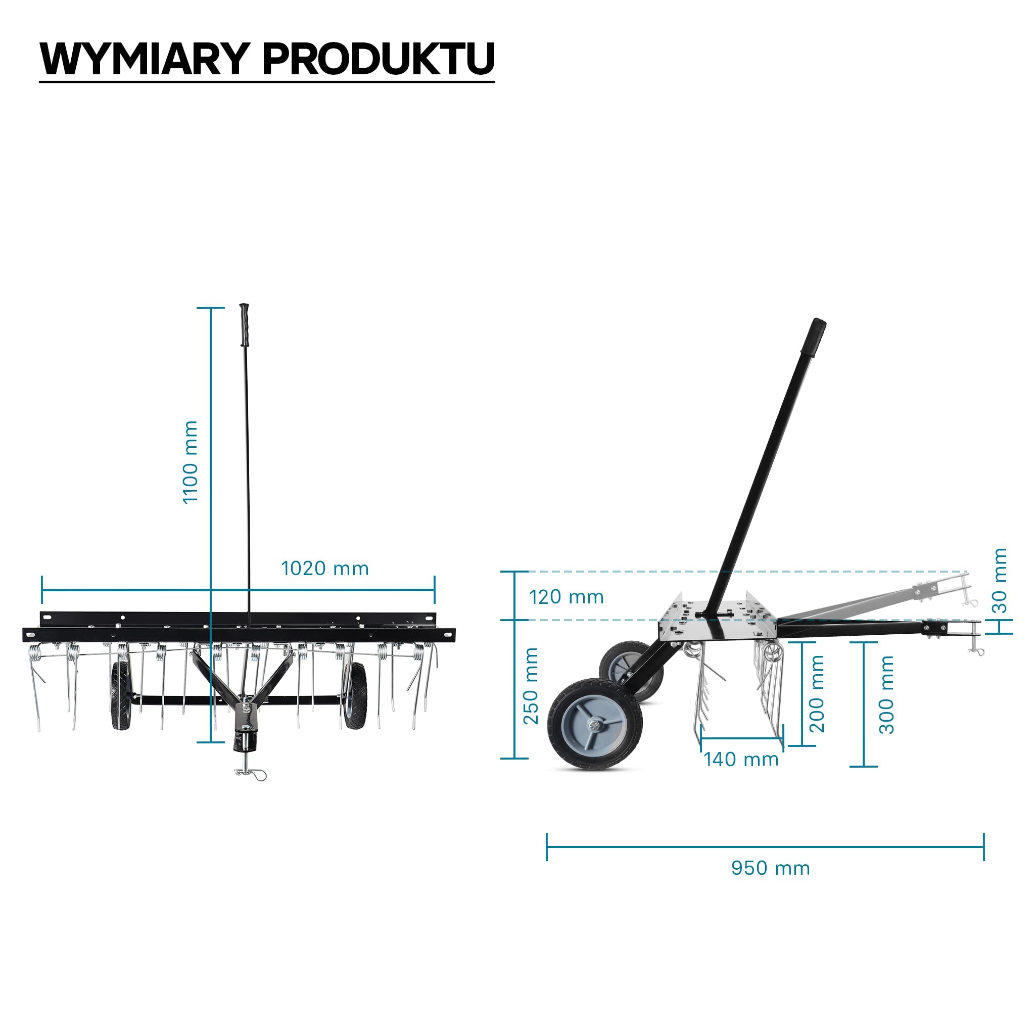 Wiltec Wertykulator do trawnika na traktorek i kosiarkę ATV 100 cm, stalowe zęby do wertykulacji trawnika i usuwania mchu, wertykulator do trawy