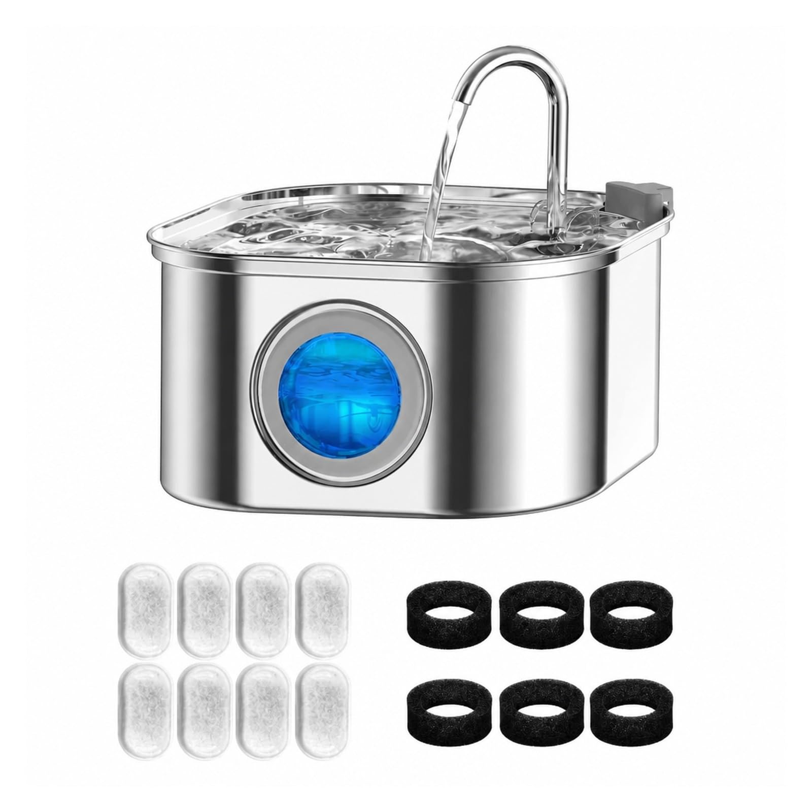 Fuente de agua para mascotas de acero inoxidable de 3.2 litros con 8 filtros de recambio