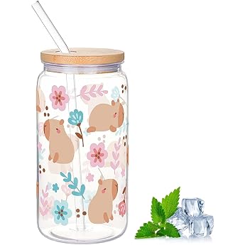 Capybara Glass Drinking Cup with Lid and Straw, 500 ml Drinking Glasses | Cartoon Glass Cup, Versatile Drinking Glass for Bub