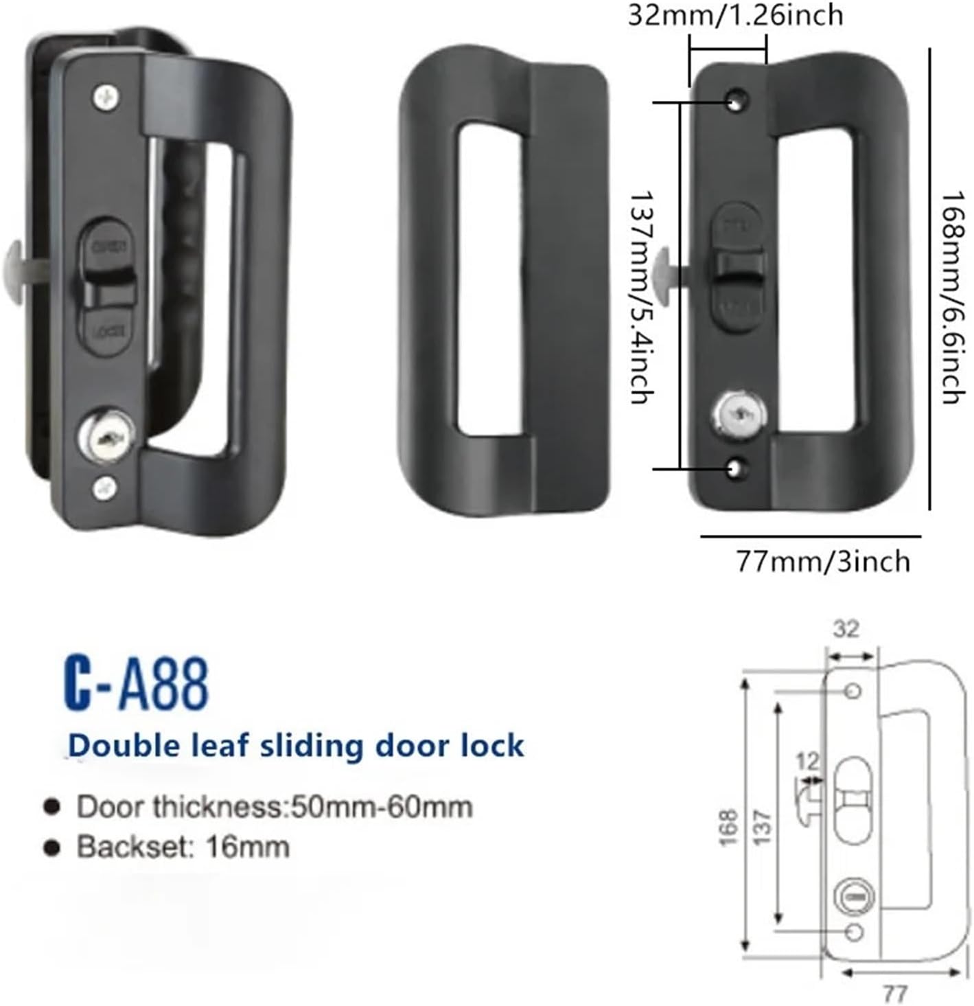 Aluminum Alloy Sliding Door Lock Handle Door Latch Lock Door Pull Locks Aluminum Frame Door 1Pcs(Black)