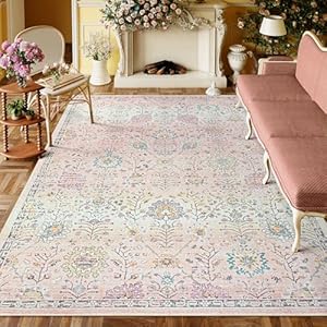 Lahome Pink Boho Area Rug, 8×10 Washable Rugs for Bedroom Girls Living Room, Soft Blush Floral Non Slip Pastel Thin Floor Carpet for Classroom Playroom Home Decor