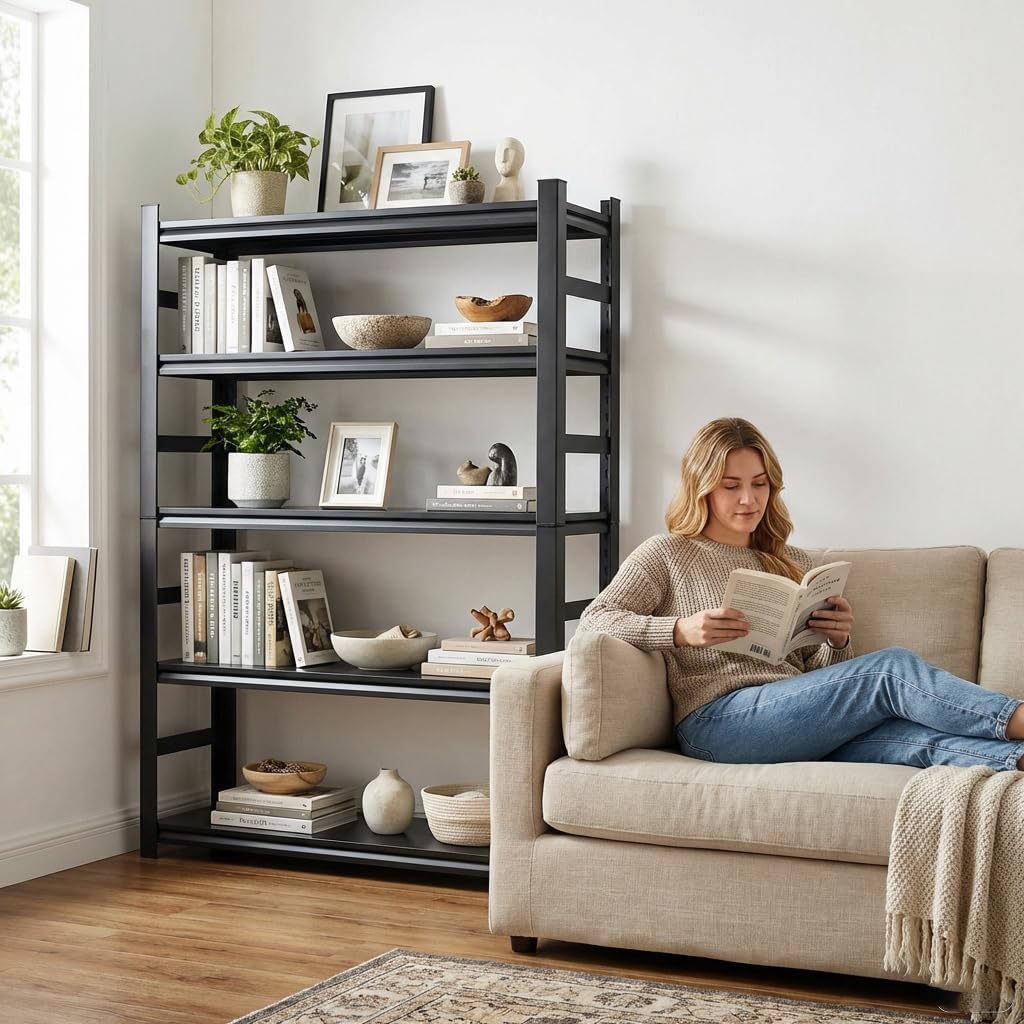 5-Tier Metal Bookshelf,Adjustable Shelves with Guardrails,Standing Bookcase,Heavy-Duty Book Shelving Unit,for Living Room Home Office,Black(71" H x 35.4" W x 15.8")