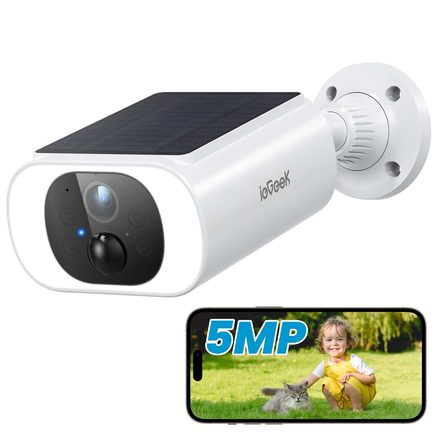 ieGeek 5MP Solar Security Cameras Wireless Outdoor, Battery Powered Home Surveillance Camera with Embedded Solar Panel, AI Motion Sensor, Smart Alarm,