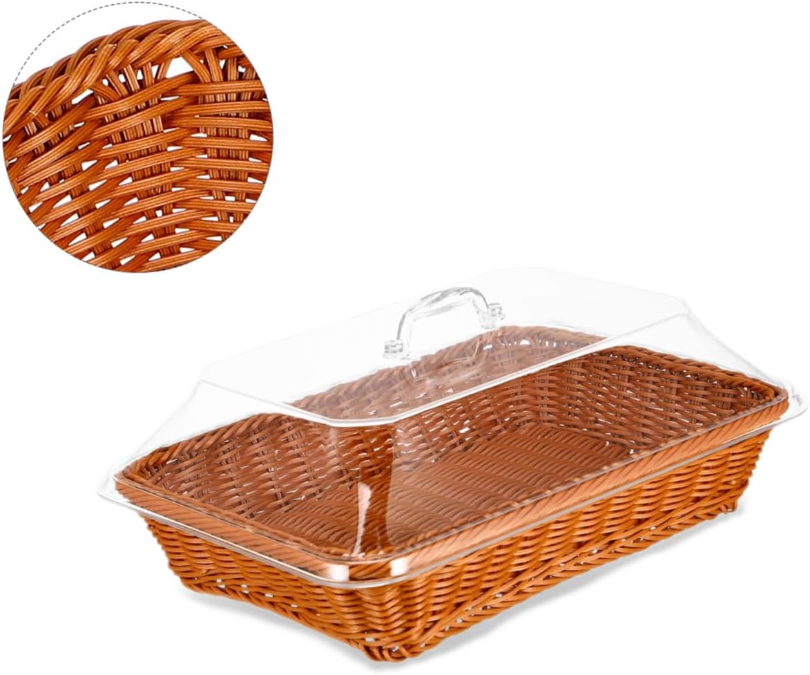 Handwoven Rattan Bread Basket with Lid, Rectangular Woven Fruit and Vegetable Storage Bin 40x30x15cm, Multipurpose Kitchen and Picnic Serving Basket