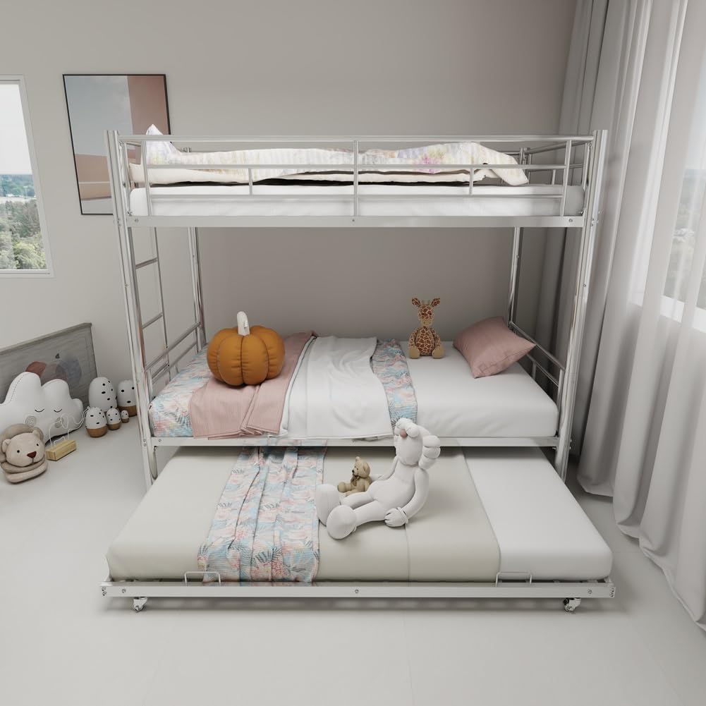 QSOSTNS Twin Over Twin Metal Bunk Bed with Trundle，Heavy Duty Bunk Beds Frame with 2 Side Ladders afety Guardrails and ladders for Kids/Teen/Adults,