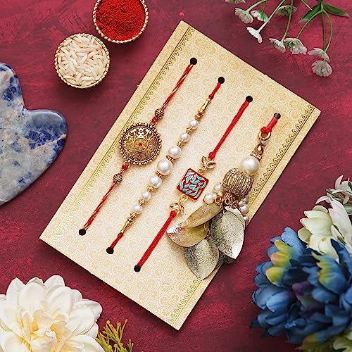 Image of eCraftIndia Set of 4 Red Golden White Pearls Rakhi for Brother Bhaiya Bhai | Roli Chawal Pack | Rakhi Combo