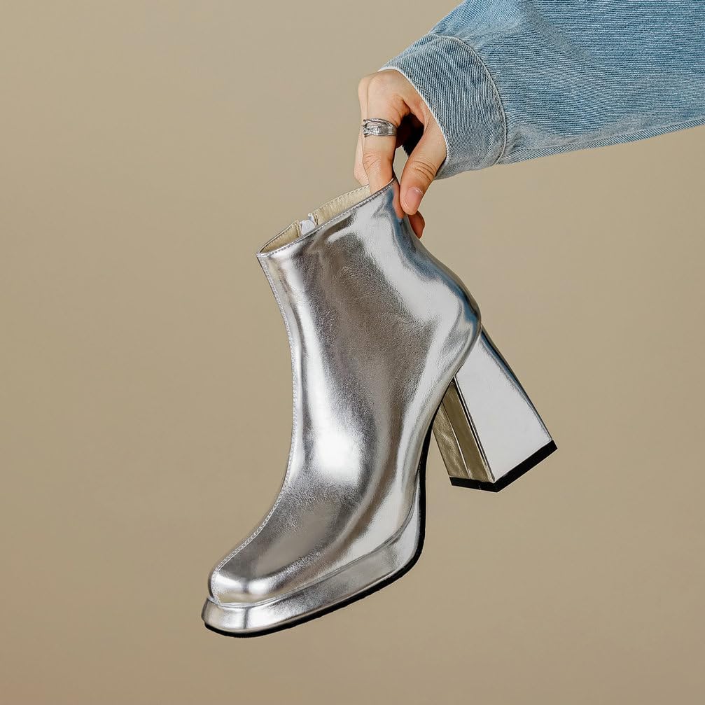 KOKOMOMO Metallic Platform Gogo Boots Square Toe High Chunky Heel Ankle Boots With Zip Up