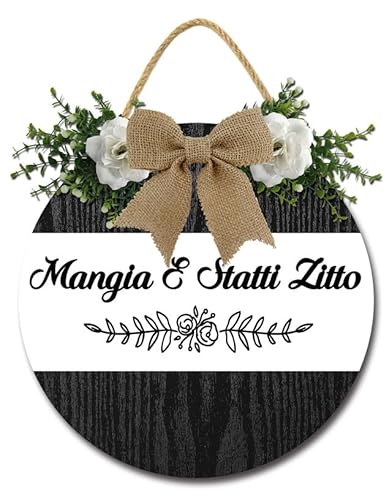 Soliyoahee Kitchen Sign Mangia E Statti Zitto Sign Farmhouse Kitchen Wall Decor Wooden Round Rustic Kitchen Hanging Sign for Home Decor Dining Room Decration 11inch