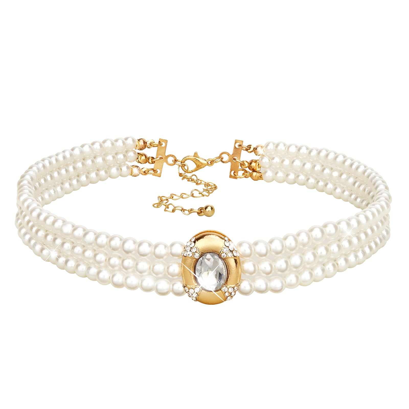 GlowaveChoker Necklace 3 Tier Boho Pearl Necklace Rhinestones Choker Necklace Short Wedding Party Necklace for Women Crystal Layered Pearl Chain Prom Wedding Costume Jewelry