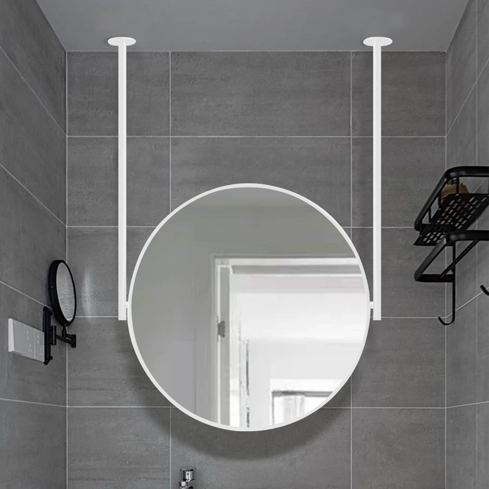 SXFSDOU Nordic Design White Metal Frame Mirror, Round Mirror for Entryway Home Decor, Suspended Bathroom with Ceiling Hanging Rod(Diameter-60CM/23.6INCH)