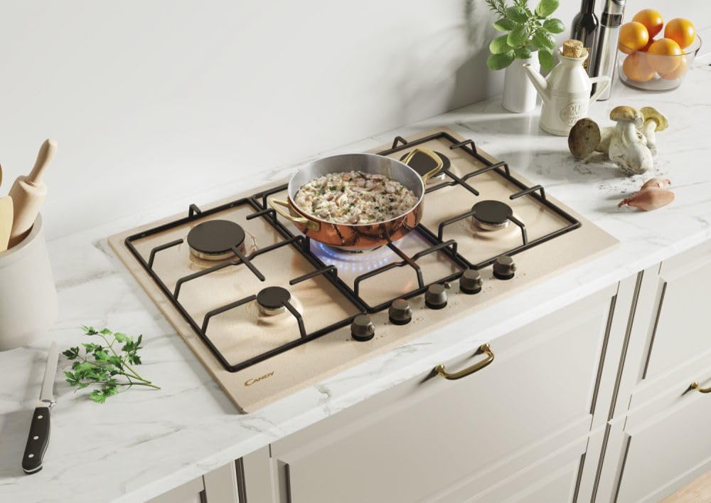Candy Classic Piano Cottura a Gas 5 Fuochi, Acciaio Inossidabile, Bruciatore a Doppia Corona, Griglie Smaltate Leggere e Lavabili in Lavastoviglie, 74,5 x 51 x 3,5 cm, Color Avena - CHW7AV4WGT