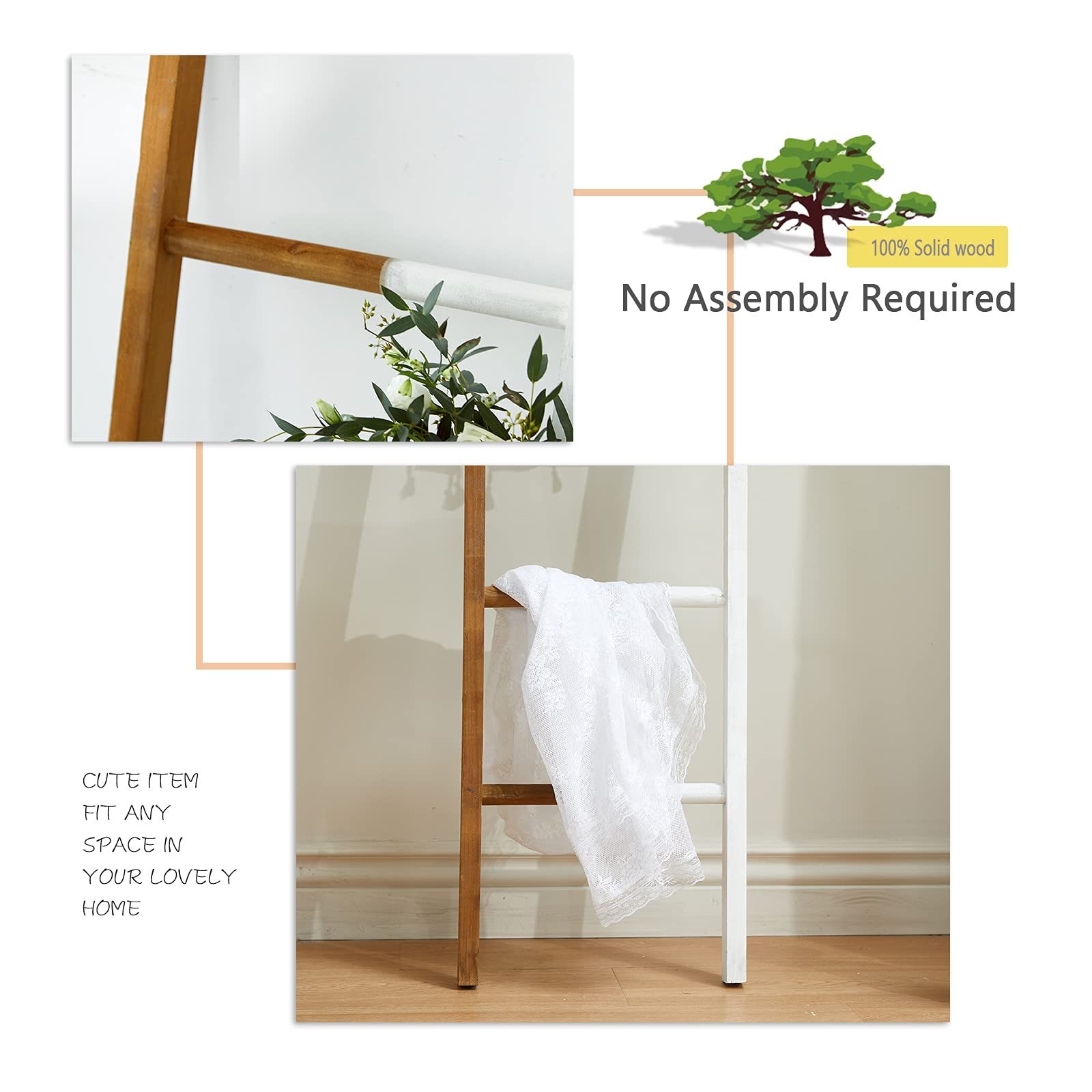 FUIN 5 Ft (65") Wood Decorative Wall Leaning Blanket Ladders Storage