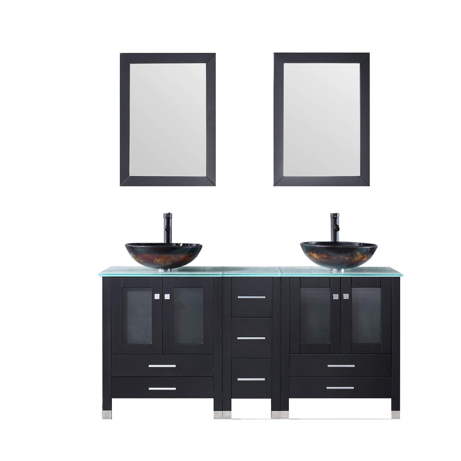 BATHJOY60” Bathroom Double Wood Vanity Cabinet with Mirrors Round Artistic Glass Vessel Sink Combo ORB Faucet Pop-up Drain