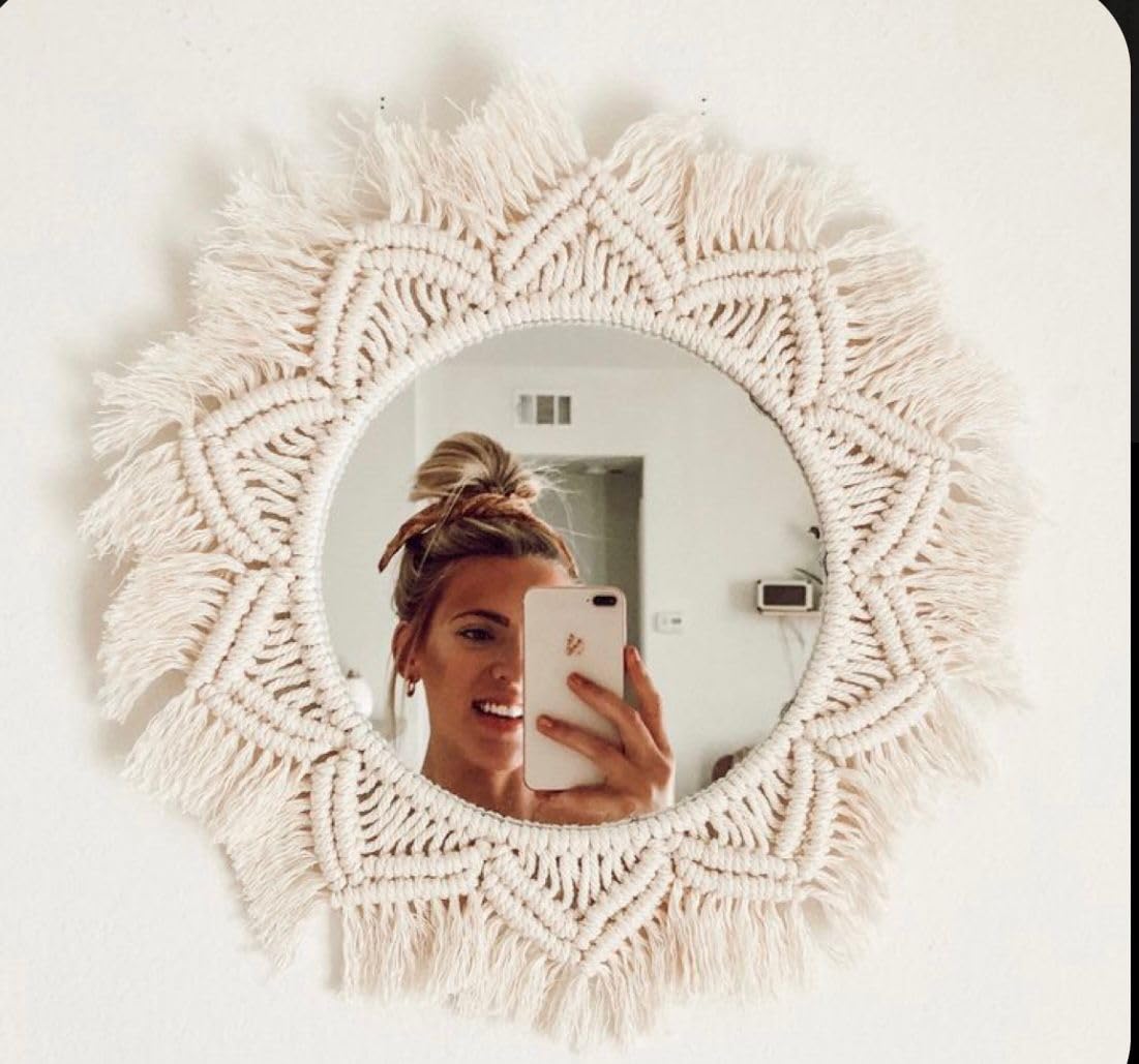 Verticle Cotton Handmade Macrame Thread Decorative Gifts Round Wall Mirror Hanging Decors for Livingroom, Bathroom, Bedroom in Bohemian Style White Color Design 11-16 inches