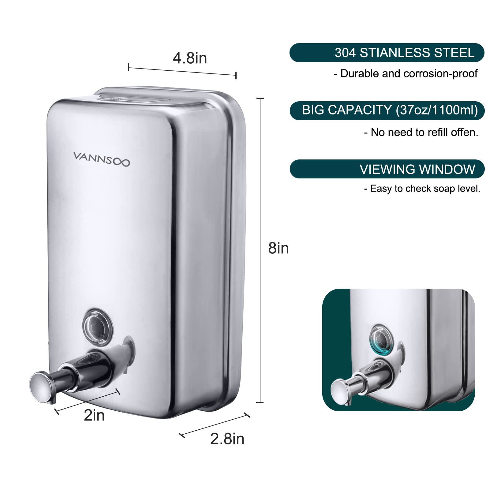 Dispensador de jabón comercial de acero inoxidable para montaje en pared, 37 onzas líquidas | Bomba de líquido manual de 1100 ml, a prueba de óxido, sin fugas para baño