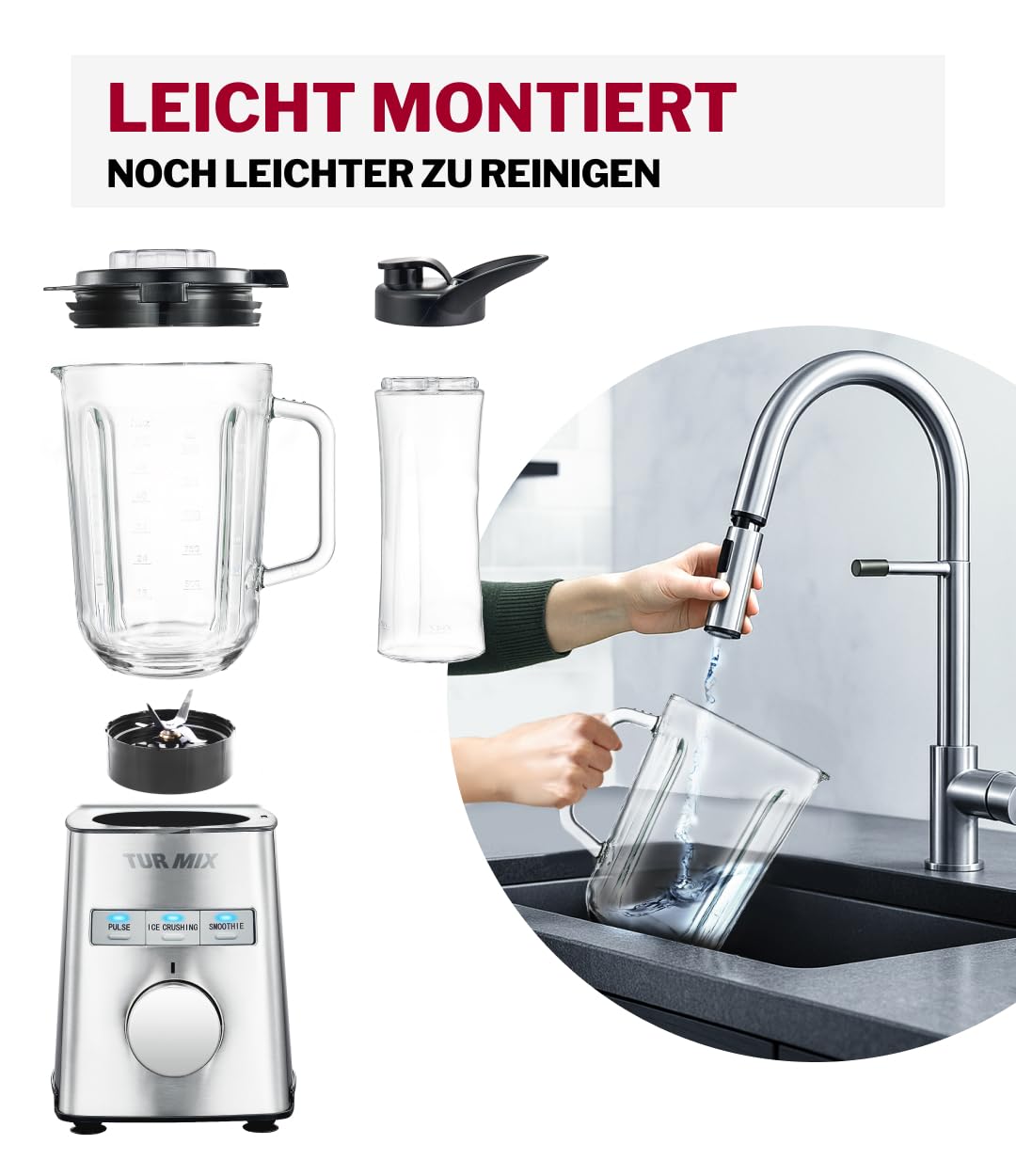 Turmix Standmixer hochleistungsmixer CX 750 – 1000 W, 6-flügliges Edelstahlmesser, Smoothie Maker & Mixer Glas 1,5 L, To-Go-Becher, stufenlos & Pulsfunktion, für Smoothies, Eis & Säfte