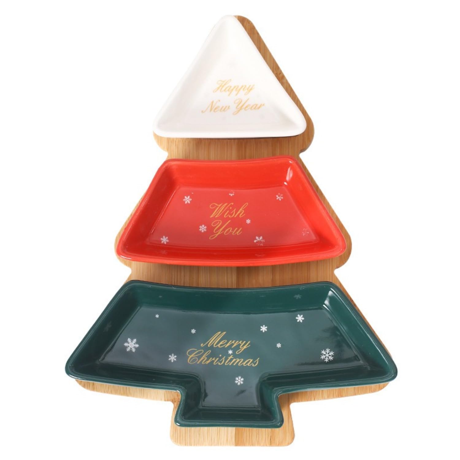 Nordic - Juego de bandejas de cerámica con forma de árbol de Navidad, plato de aperitivos de 3 compartimentos con base de bambú, verde, rojo y blanco, decoración festiva para el hogar